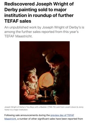 Rediscovered Joseph Wright of Derby Painting Sold to Major Institution In