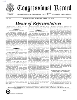 Congressional Record United States Th of America PROCEEDINGS and DEBATES of the 117 CONGRESS, FIRST SESSION