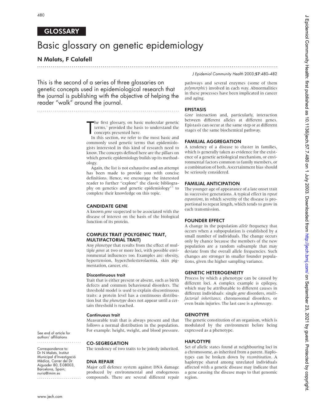 Basic Glossary on Genetic Epidemiology N Malats, F Calafell