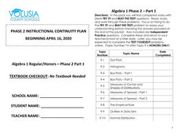 Algebra 1 Regular/Honors – Phase 2 Part 1 TEXTBOOK CHECKOUT