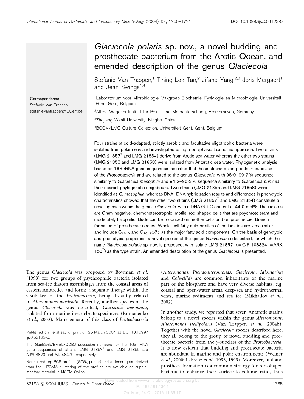 Glaciecola Polaris Sp. Nov., a Novel Budding and Prosthecate Bacterium from the Arctic Ocean, and Emended Description of the Genus Glaciecola