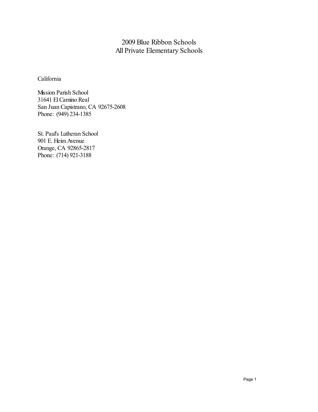 2009 Blue Ribbon Schools All Private Elementary Schools