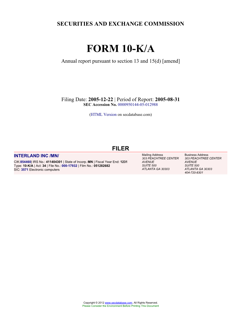 INTERLAND INC /MN/ (Form: 10-K/A, Filing Date: 12/22/2005)