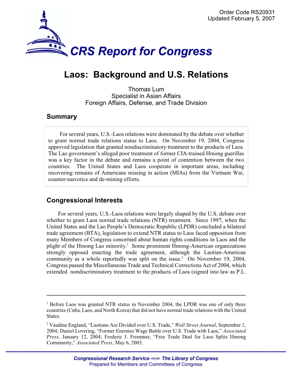 Laos: Background and U.S. Relations