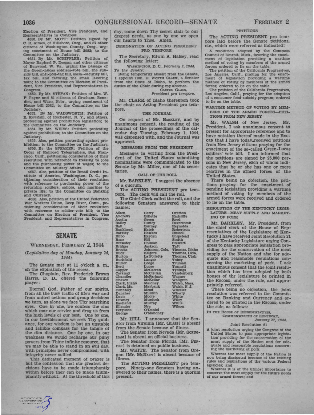 SENATE FEBRUARY 2 Election of President, Vice President, and Day, Come Down Thy Secret Stair to Our PETITIONS Representatives in Congress