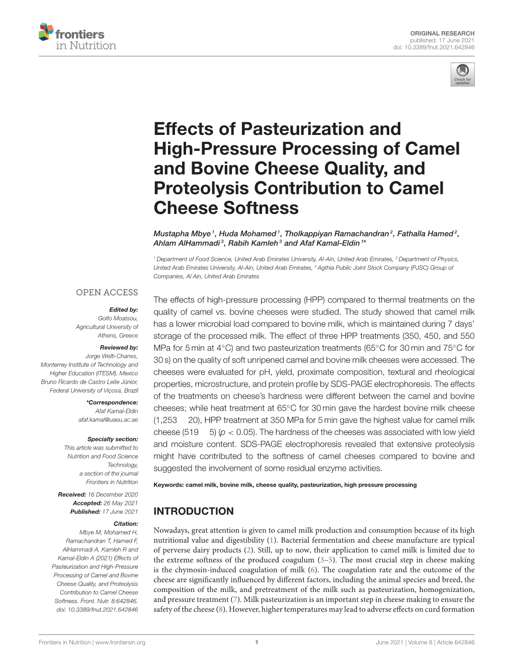 Effects of Pasteurization and High-Pressure Processing of Camel and Bovine Cheese Quality, and Proteolysis Contribution to Camel Cheese Softness