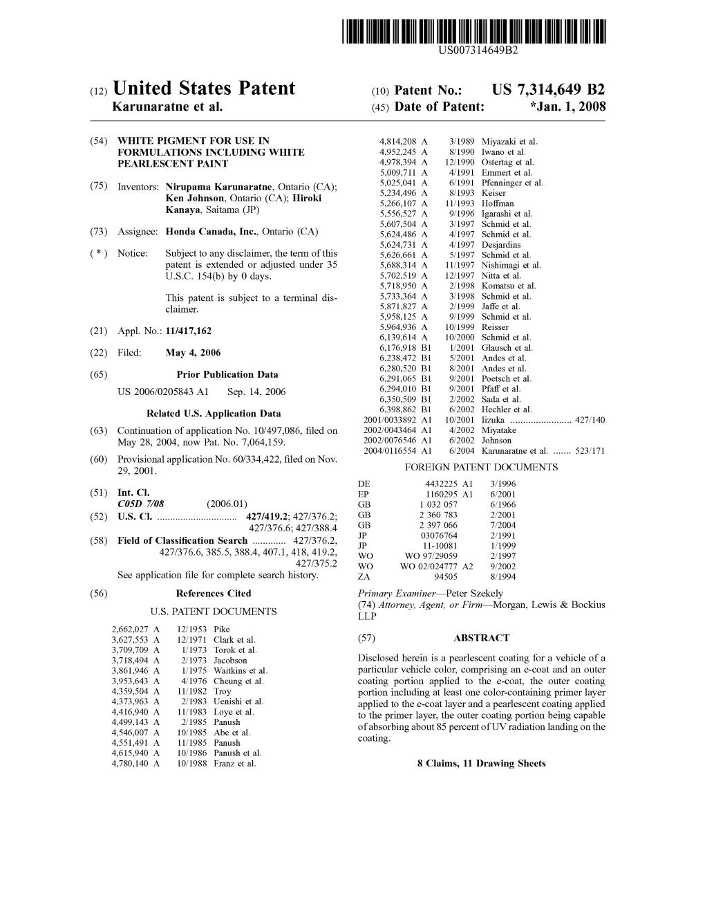 United States Patent (10) Patent No.: US 7,314,649 B2 Karunaratne Et Al