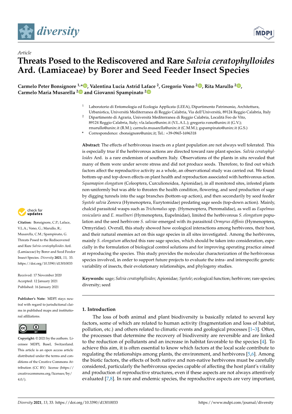 Threats Posed to the Rediscovered and Rare Salvia Ceratophylloides Ard