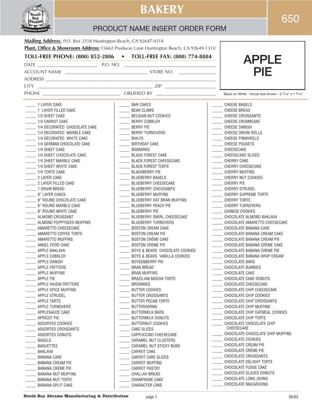 Order Form | Bakery Product Name Inserts (650) | South Bay Abrams