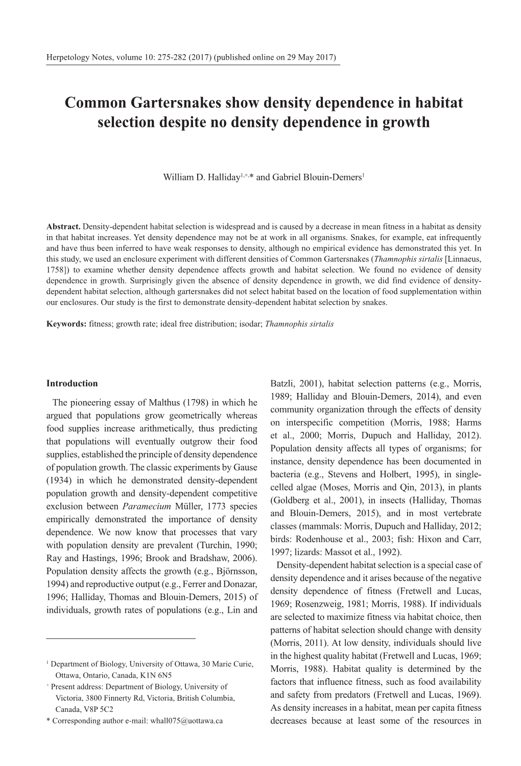 Common Gartersnakes Show Density Dependence in Habitat Selection Despite No Density Dependence in Growth