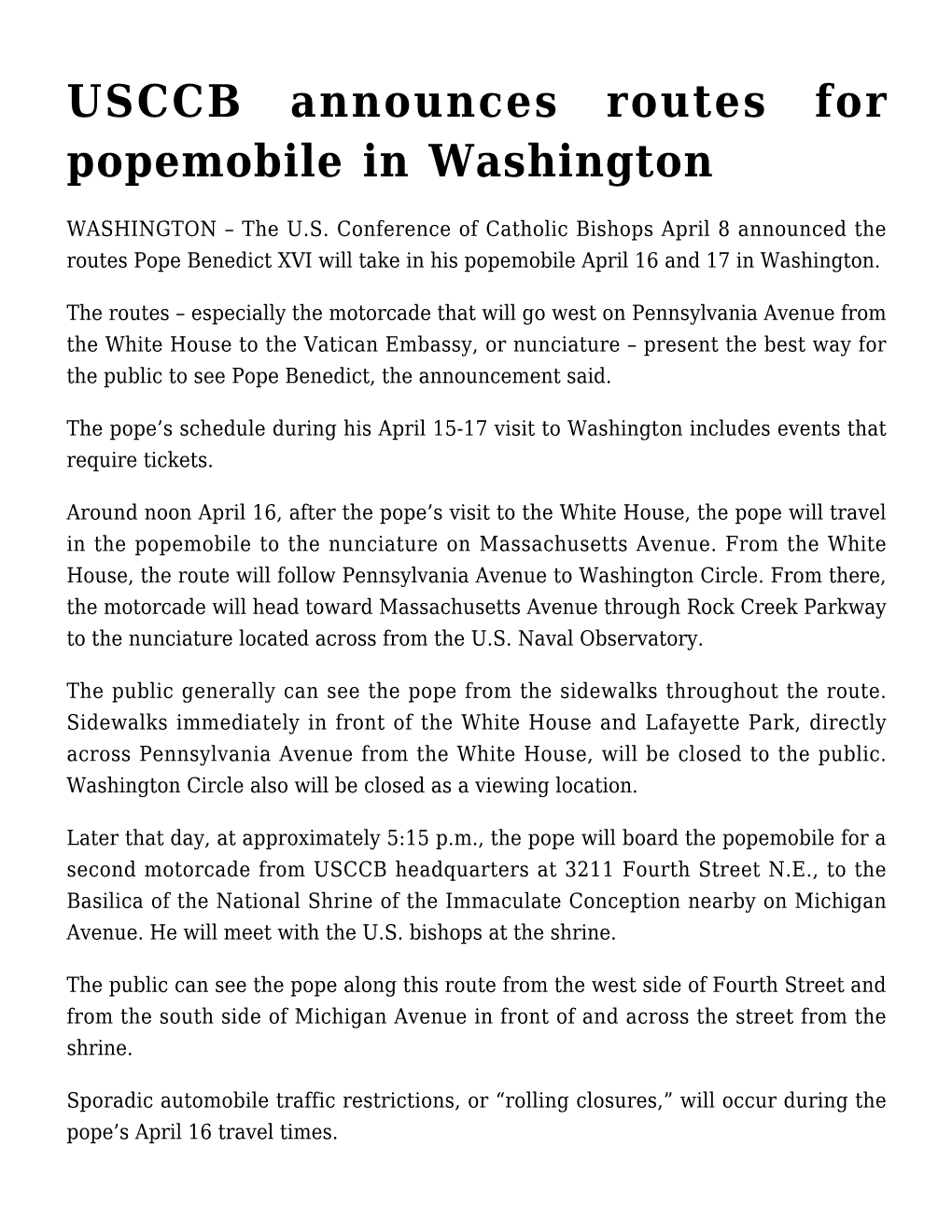 USCCB Announces Routes for Popemobile in Washington