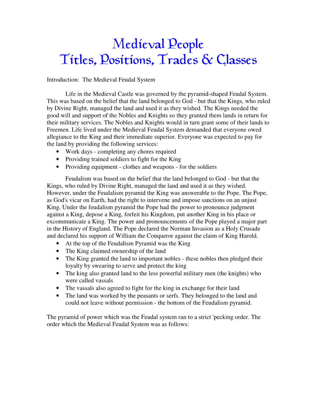 Medieval People Titles, Positions, Trades & Classes