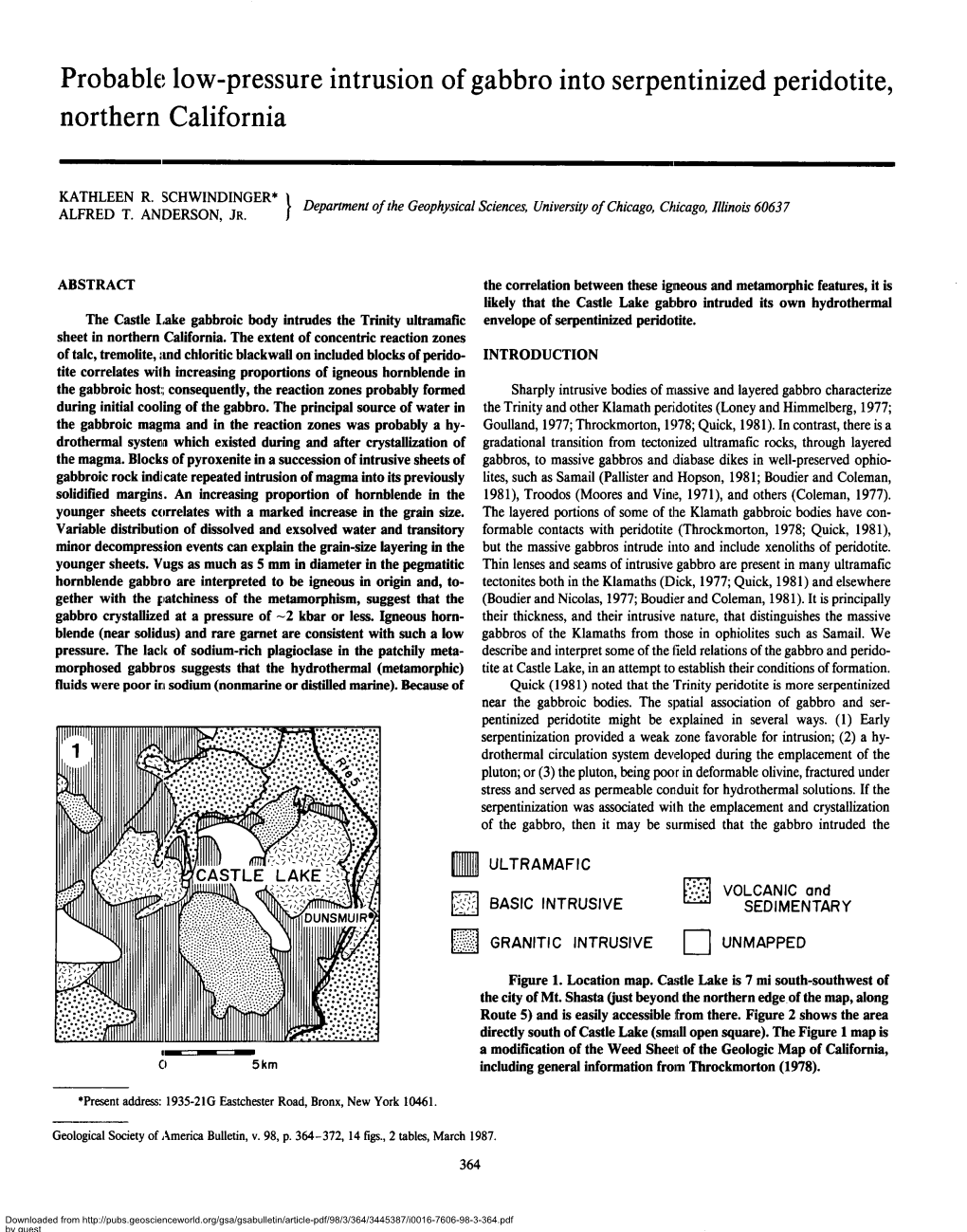 Probable Low-Pressure Intrusion of Gabbro Into Serpentinized Peridotite, Northern California