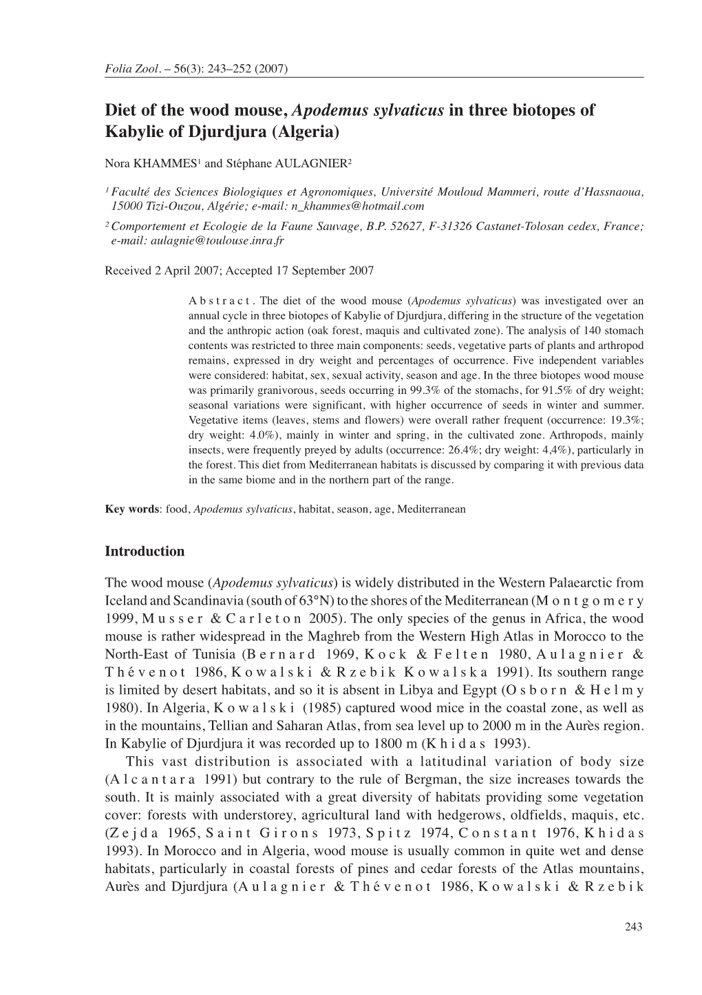 Diet of the Wood Mouse, Apodemus Sylvaticus in Three Biotopes of Kabylie of Djurdjura (Algeria)