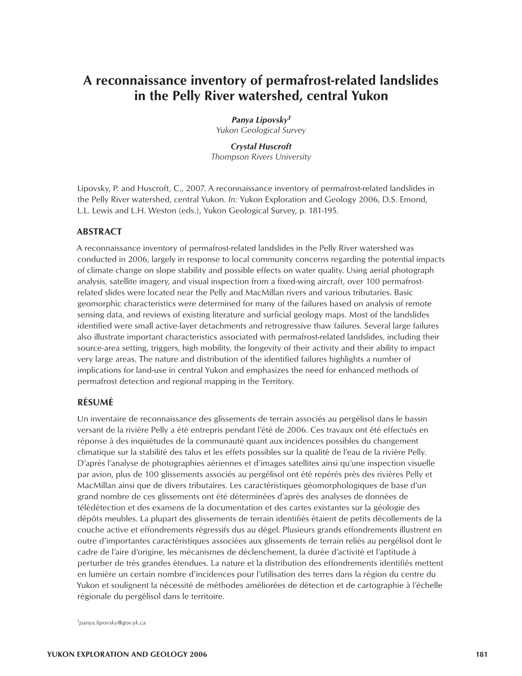 A Reconnaissance Inventory of Permafrost-Related Landslides in the Pelly River Watershed, Central Yukon P.S