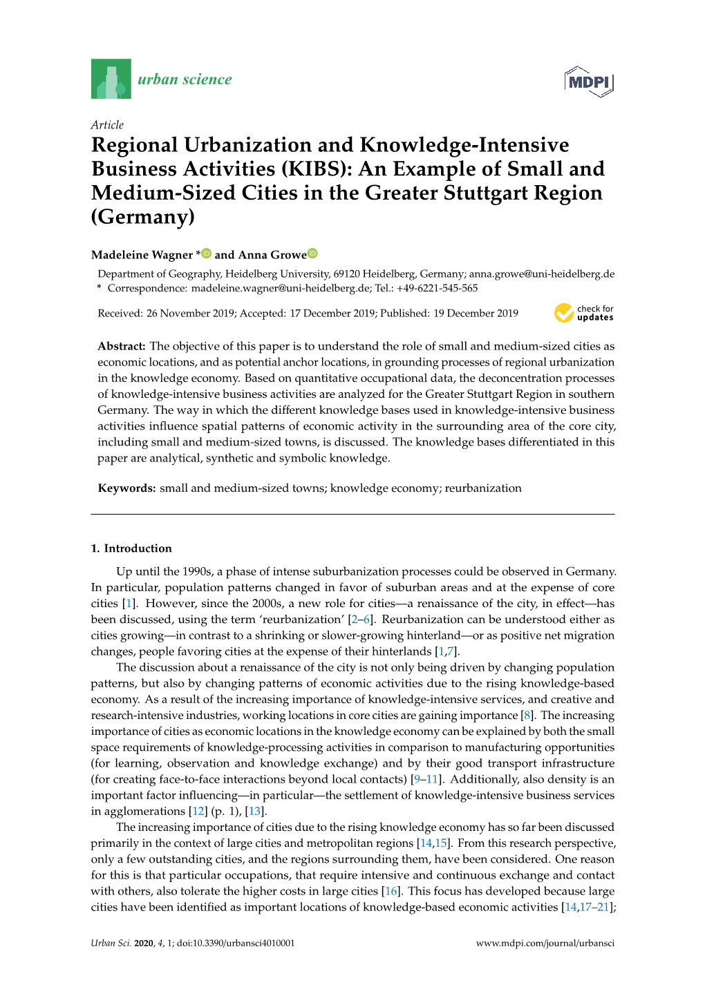 Regional Urbanization and Knowledge-Intensive Business Activities (KIBS): an Example of Small and Medium-Sized Cities in the Greater Stuttgart Region (Germany)