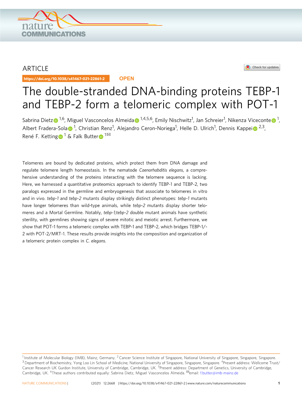 The Double-Stranded DNA-Binding Proteins TEBP-1 and TEBP-2 Form a Telomeric Complex with POT-1