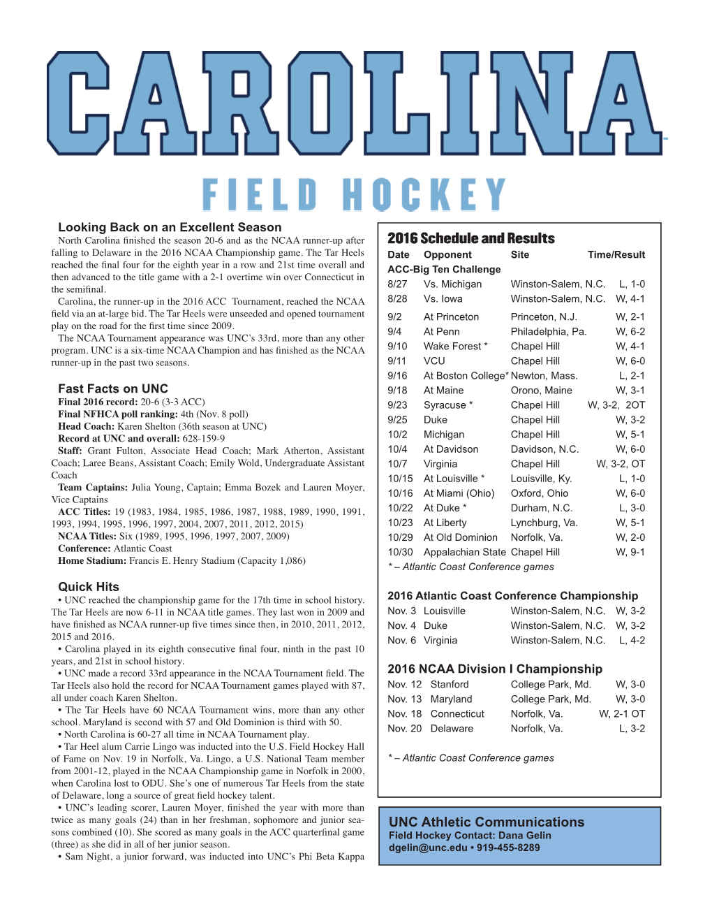 2016 Schedule and Results UNC Athletic Communications