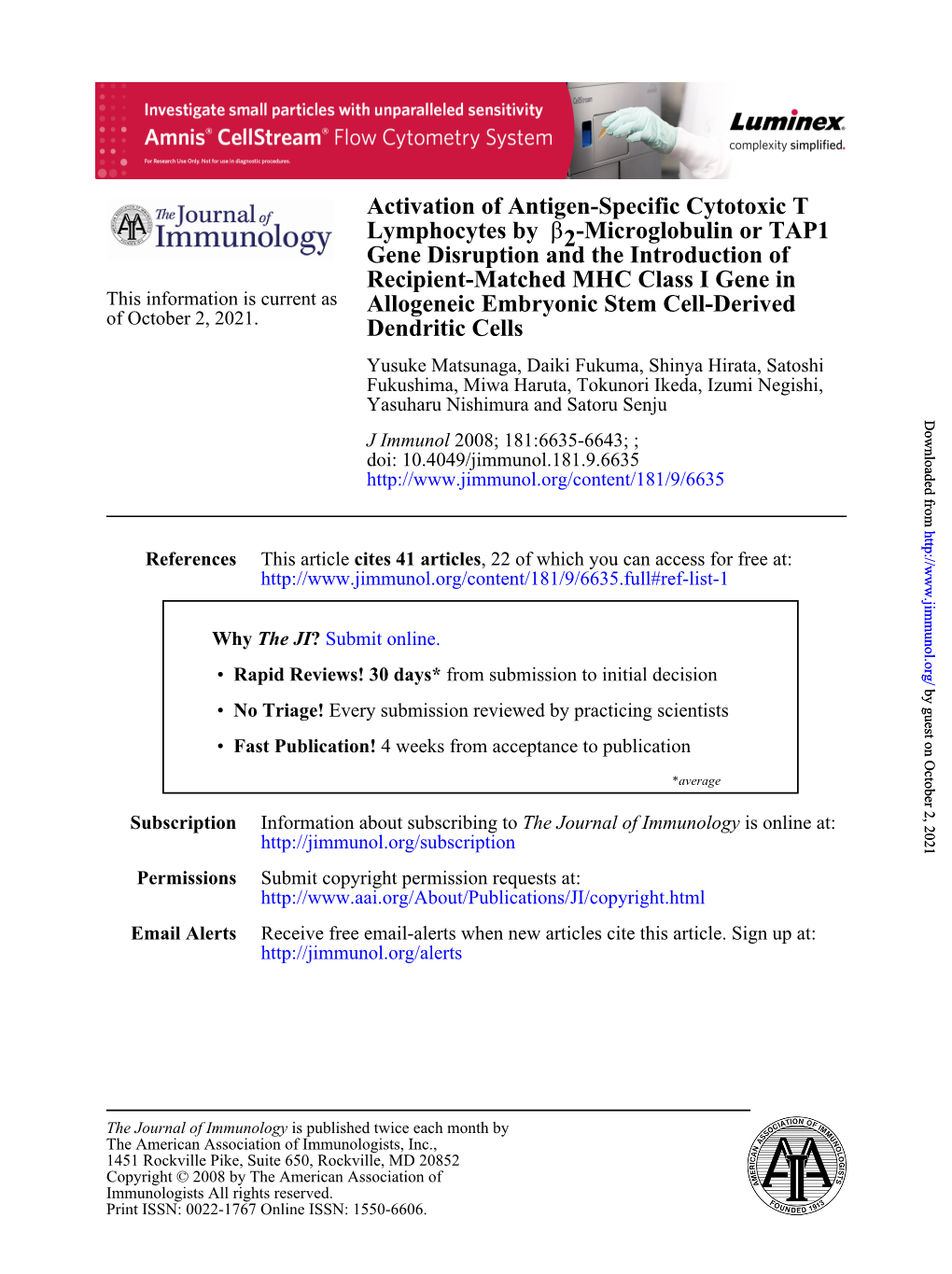 Activation of Antigen-Specific Cytotoxic T Lymphocytes by Β2-Microglobulin Or TAP1 Gene Disruption and the Introduction of Recipient-Matched MHC Class I Gene in Allogeneic