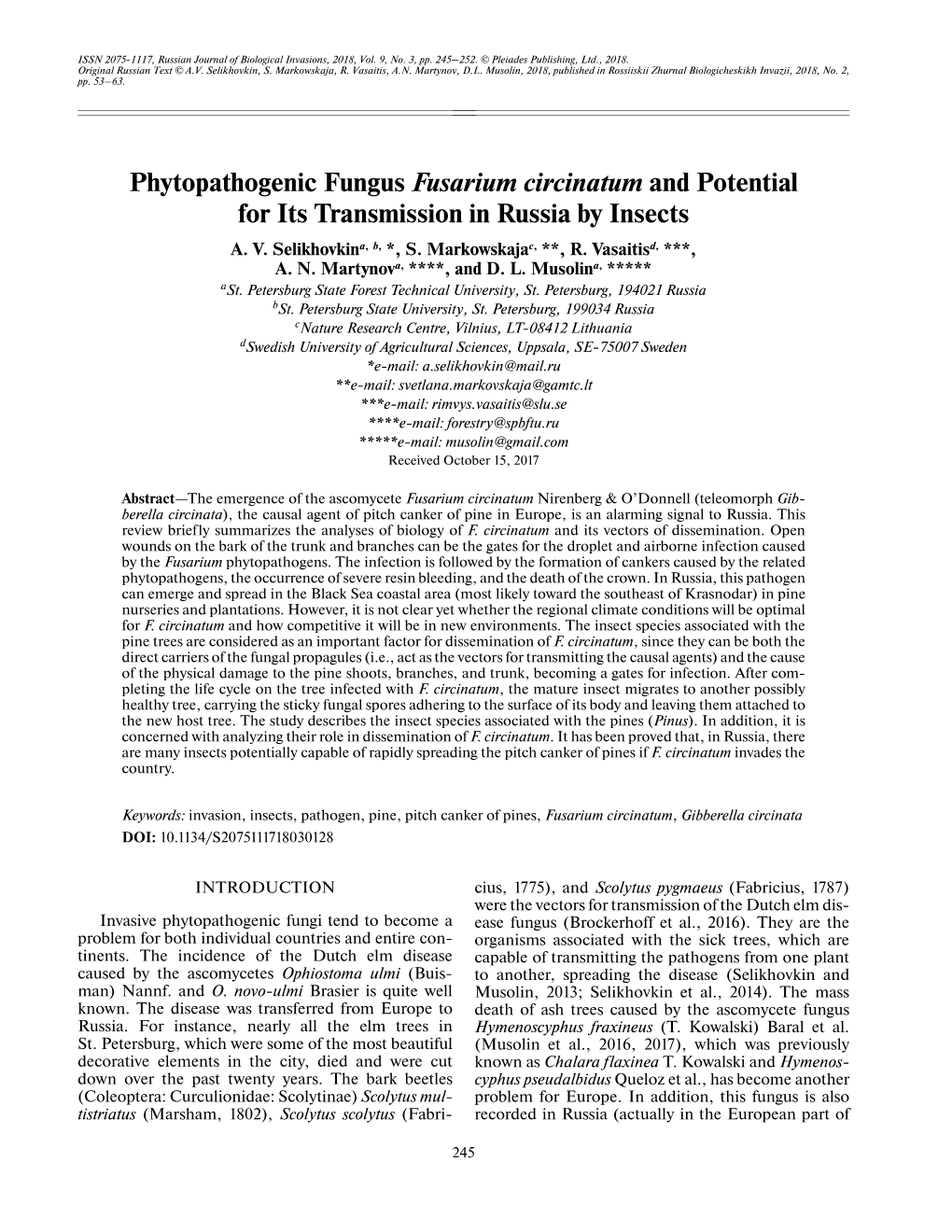 Phytopathogenic Fungus Fusarium Circinatum and Potential for Its Transmission in Russia by Insects A