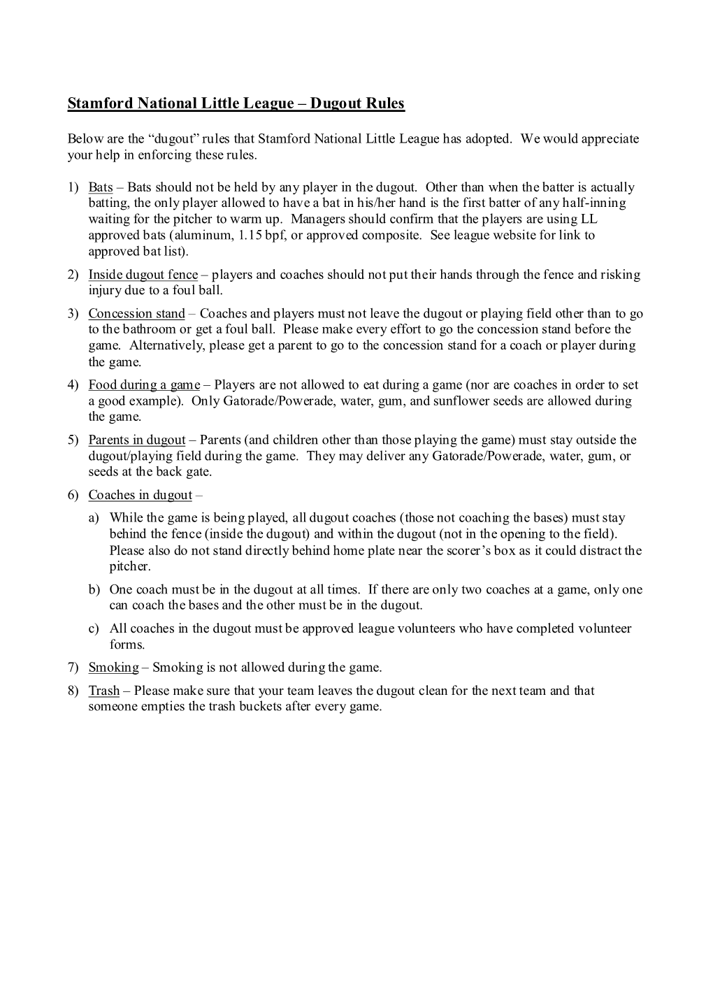 Stamford National Little League – Dugout Rules