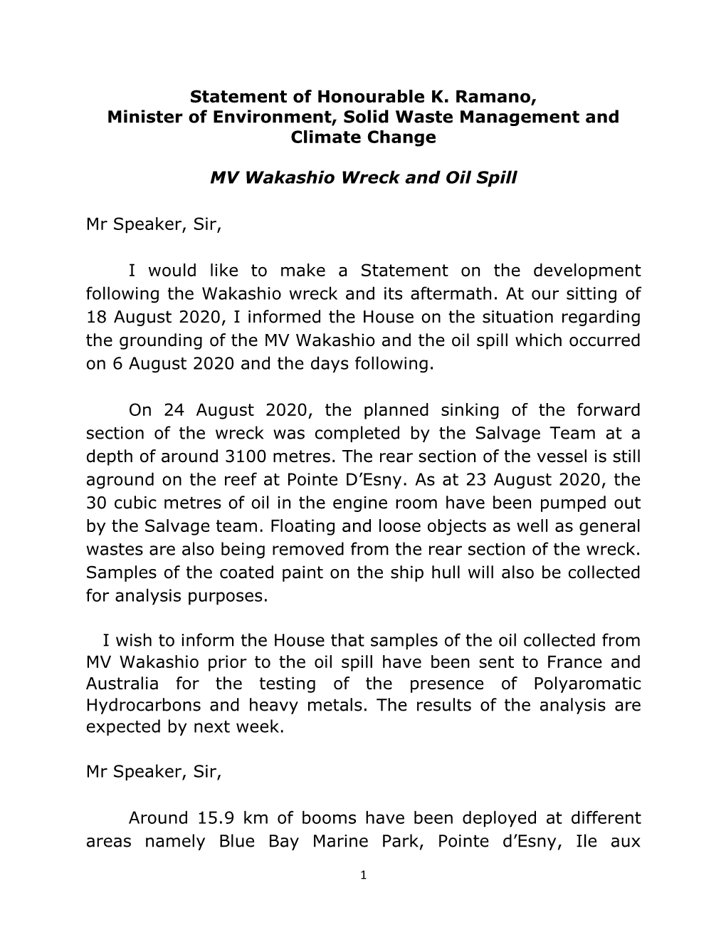 Statement of Honourable K. Ramano, Minister of Environment, Solid Waste Management and Climate Change