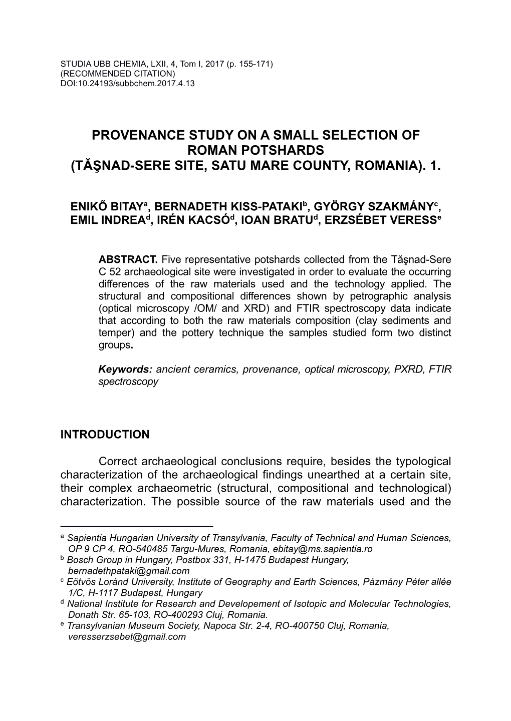 Provenance Study on a Small Selection of Roman Potshards (Tăşnad-Sere Site, Satu Mare County, Romania)