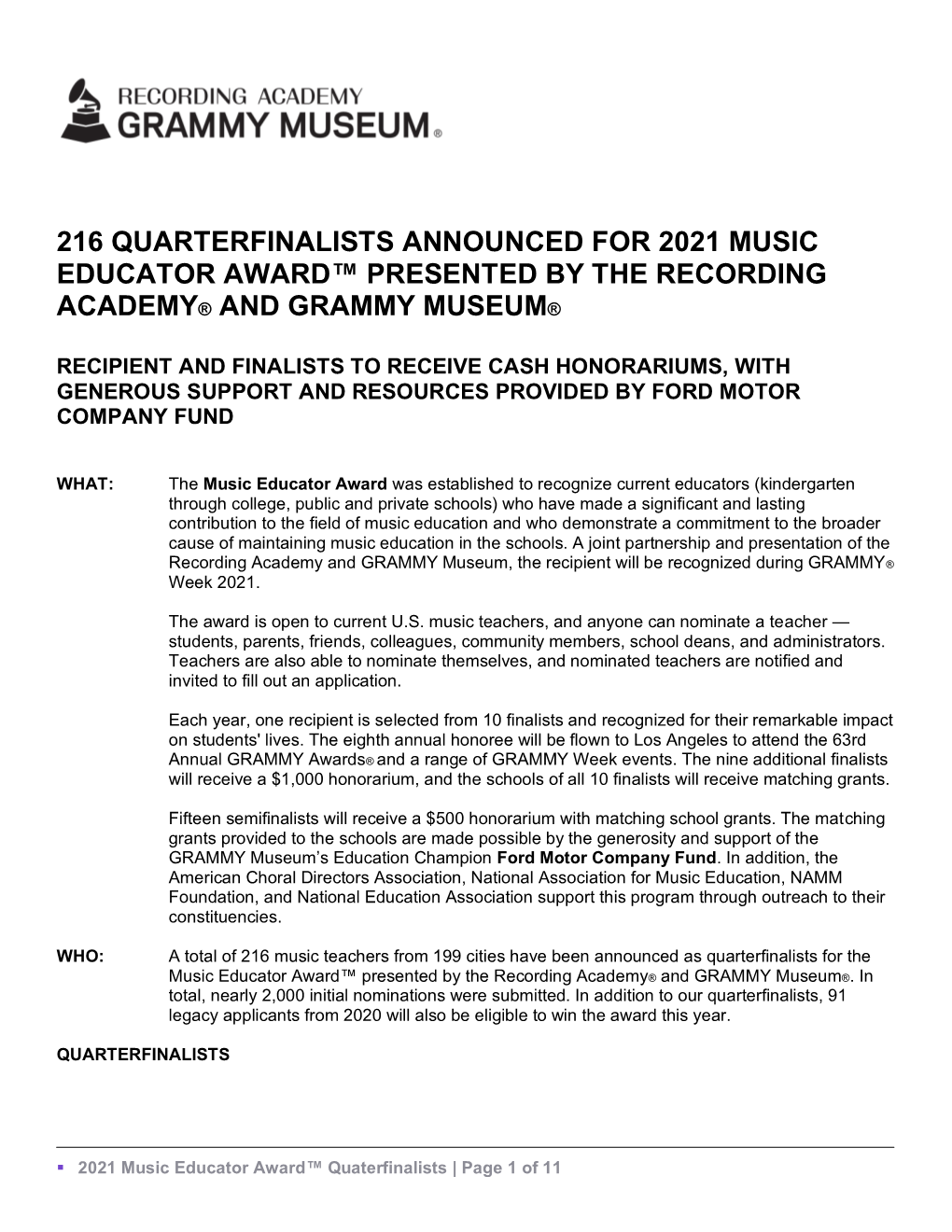 216 Quarterfinalists Announced for 2021 Music Educator a Ard Presented B the Recording Academy® and Grammy Museum®