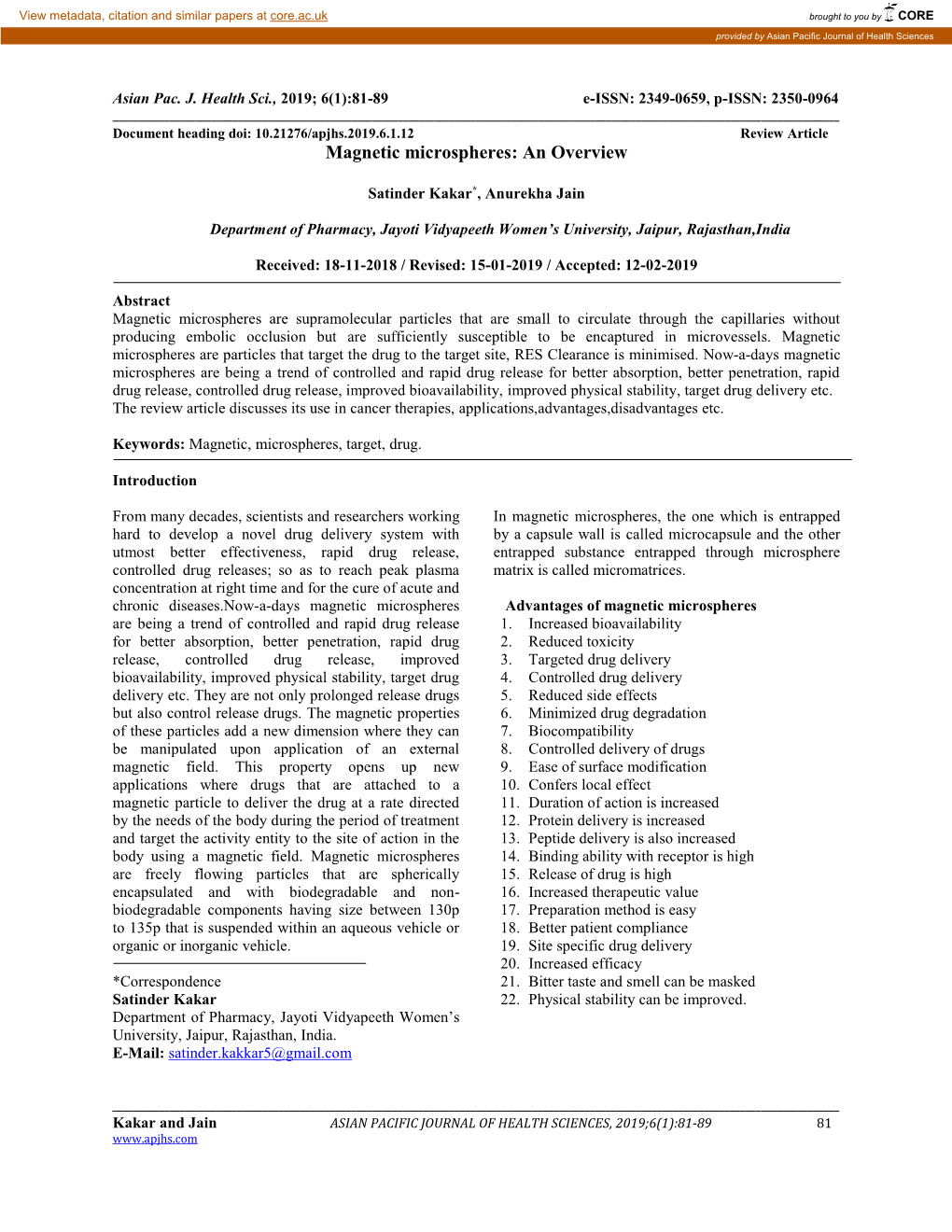 Magnetic Microspheres: an Overview