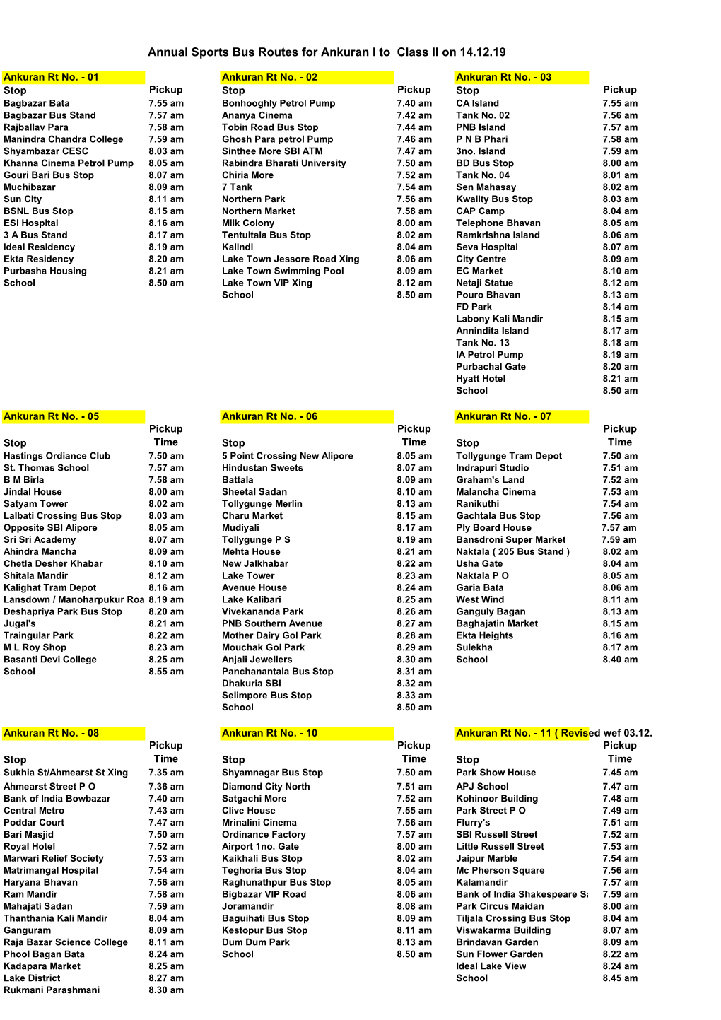 Annual Sports Bus Routes for Ankuran I to Class II on 14.12.19