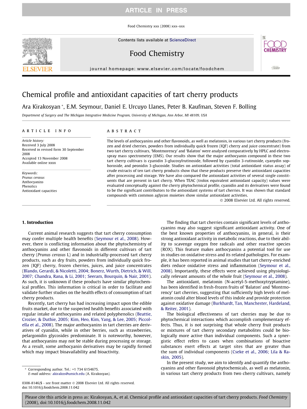 Chemical Profile and Antioxidant Capacities of Tart Cherry Products