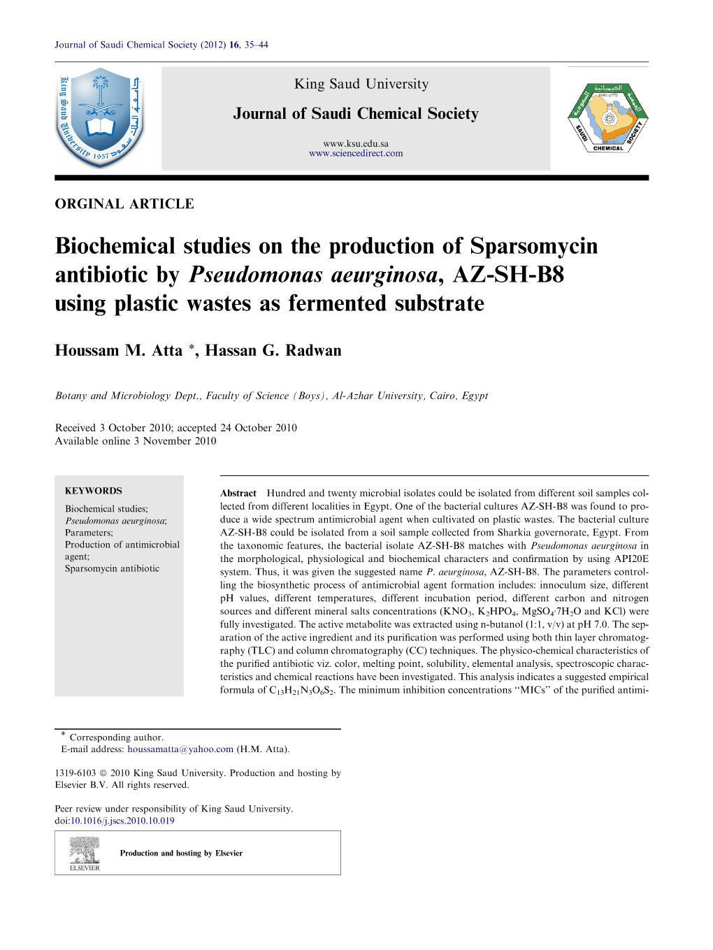 Biochemical Studies on the Production of Sparsomycin Antibiotic by Pseudomonas Aeurginosa, AZ-SH-B8 Using Plastic Wastes As Fermented Substrate