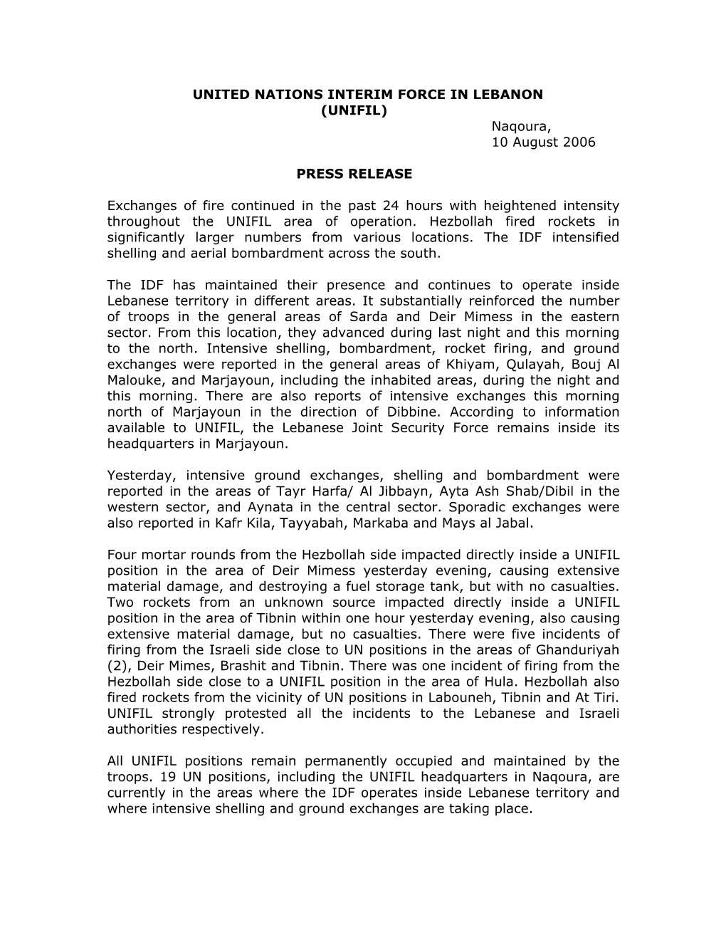 Press Release 10 August 2006