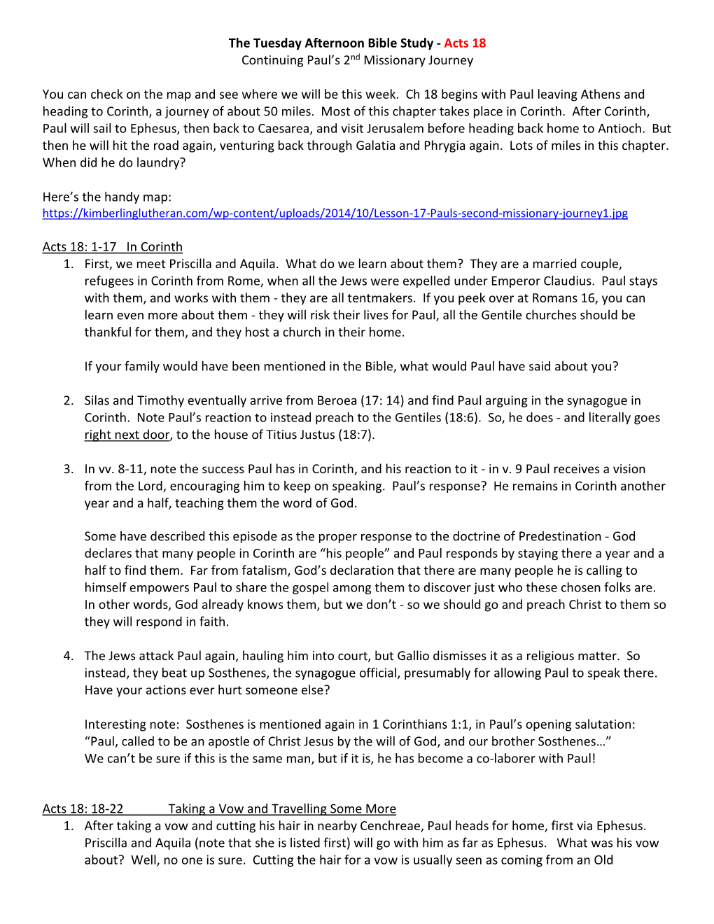 The Tuesday Afternoon Bible Study - Acts 18 Continuing Paul’S 2Nd Missionary Journey