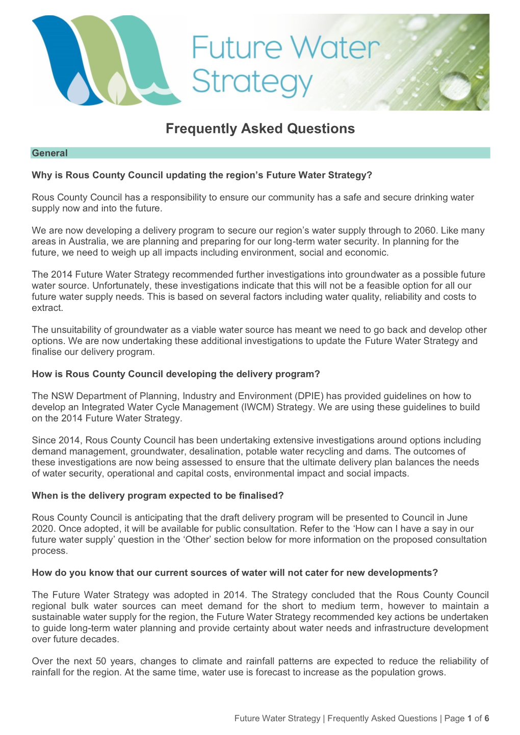 Future Water Strategy Frequently Asked Questions April 2020