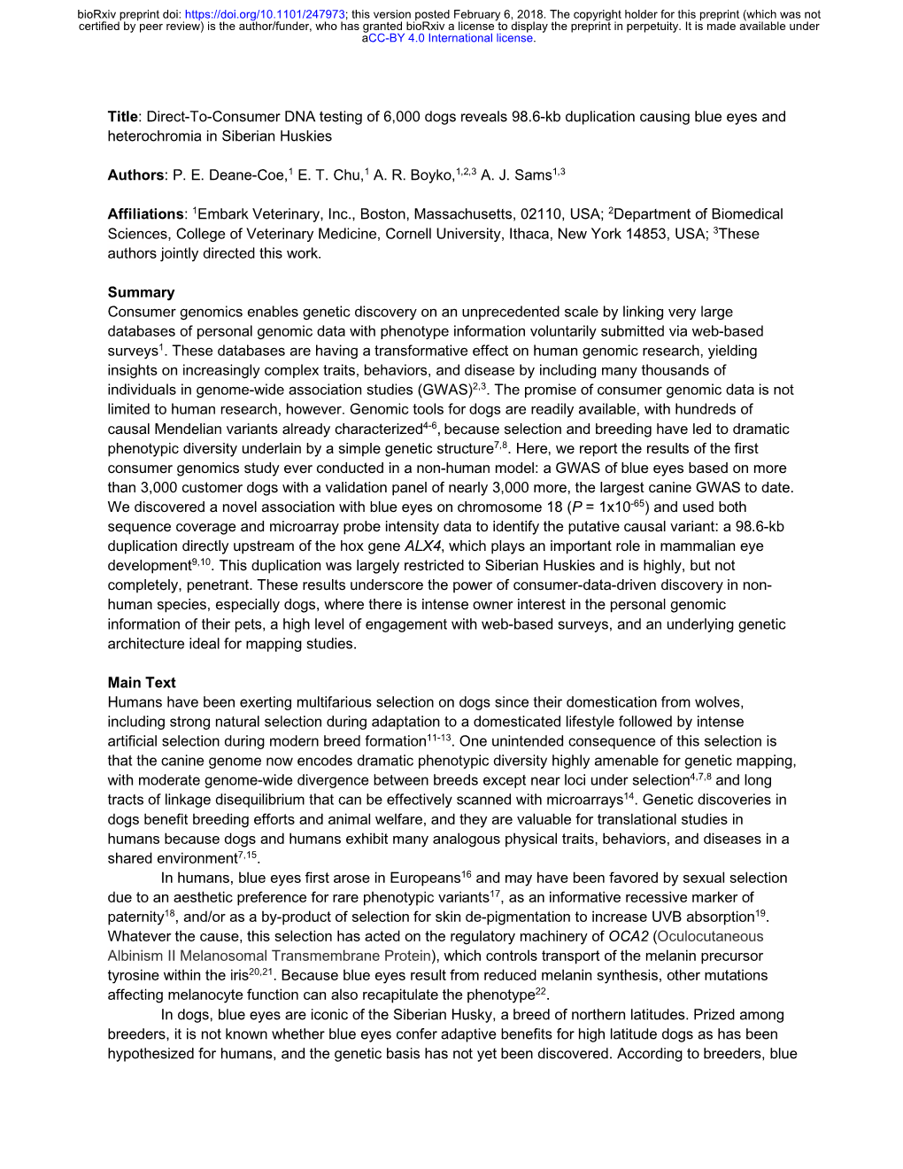 Direct-To-Consumer DNA Testing of 6,000 Dogs Reveals 98.6-Kb Duplication Causing Blue Eyes and Heterochromia in Siberian Huskies