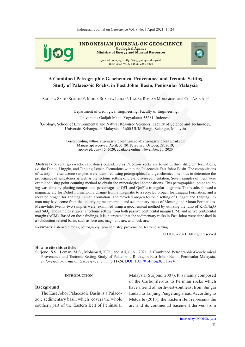 INDONESIAN JOURNAL on GEOSCIENCE a Combined Petrographic-Geochemical Provenance and Tectonic Setting Study of Palaeozoic Rocks