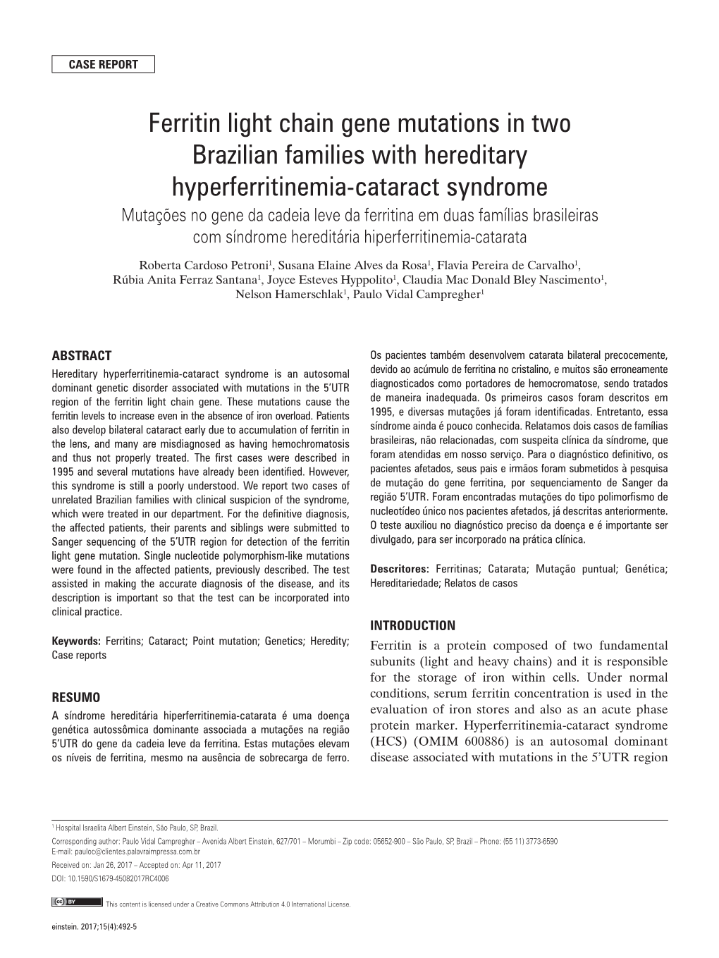Ferritin Light Chain Gene Mutations in Two Brazilian Families with Hereditary Hyperferritinemia-Cataract Syndrome
