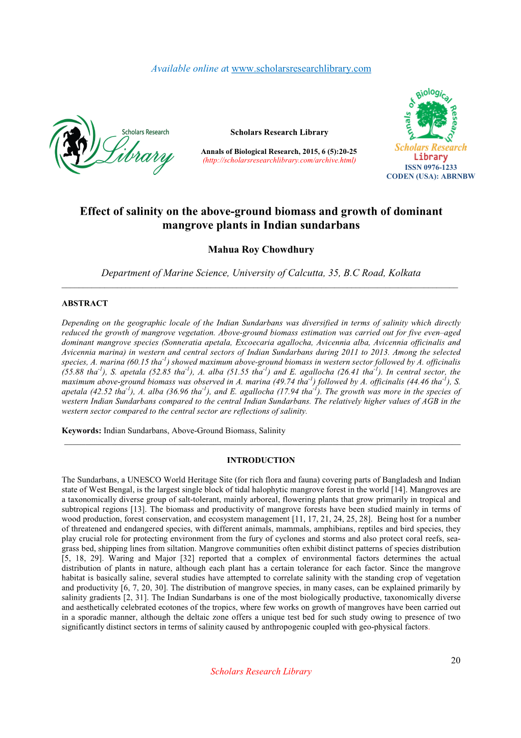 Effect of Salinity on the Above-Ground Biomass and Growth of Dominant Mangrove Plants in Indian Sundarbans