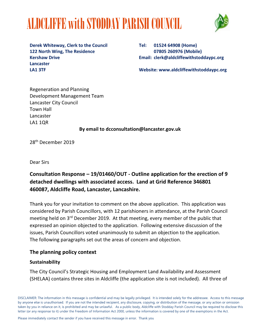 Consultation Response – 19/01460/OUT - Outline Application for the Erection of 9 Detached Dwellings with Associated Access