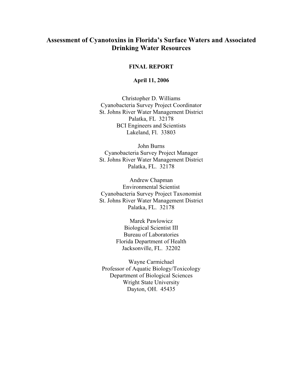 Assessment of Cyanotoxins in Florida's Surface Waters and Associated Drinking Water Resources