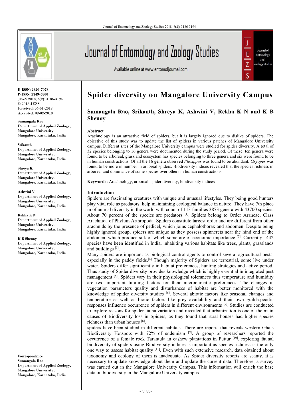 Spider Diversity on Mangalore University Campus