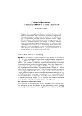 Cultures of Invisibility: the Semiotics of the Veil in Early Christianity Massimo Leone