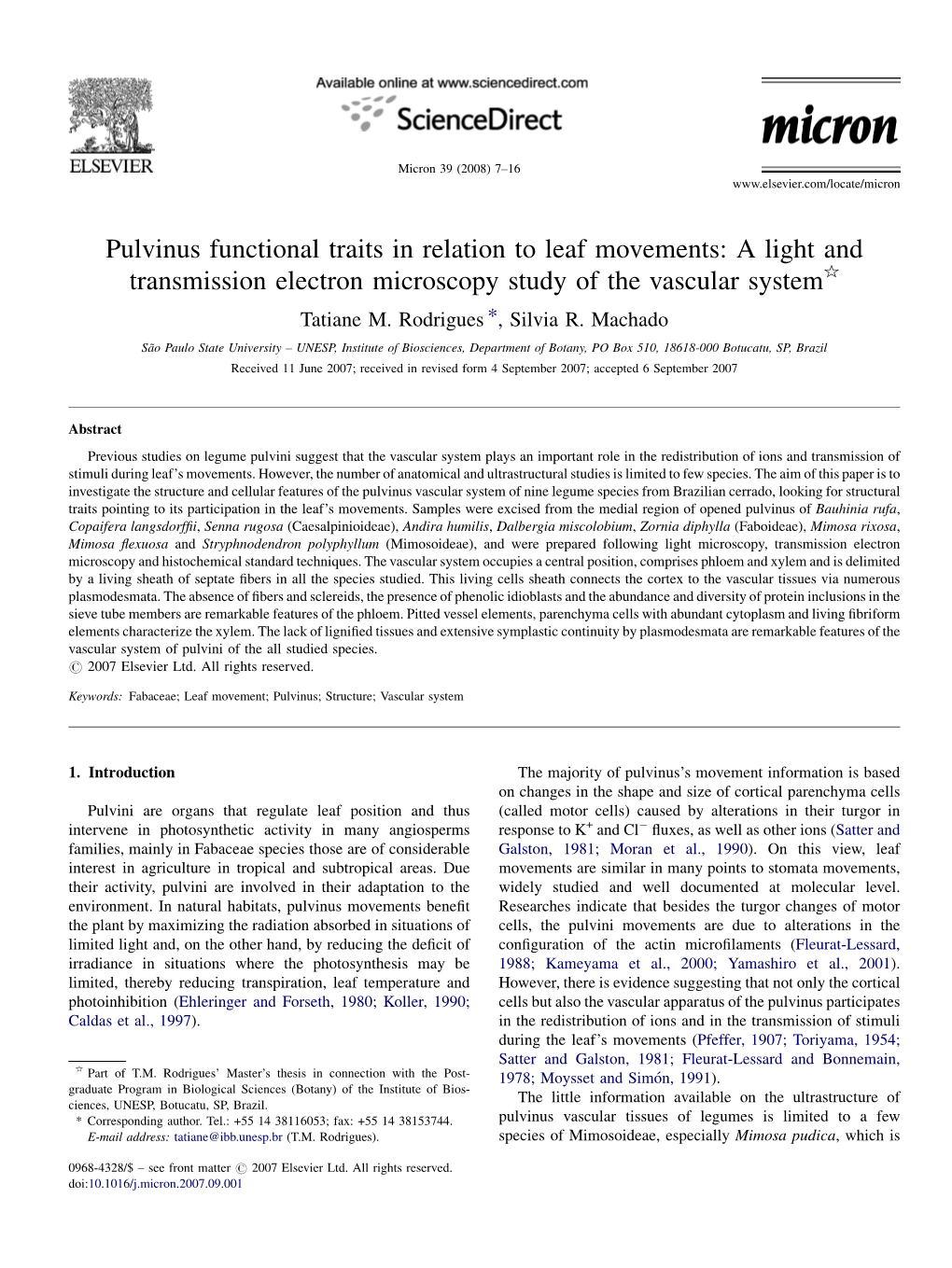 Pulvinus Functional Traits in Relation to Leaf Movements: a Light and Transmission Electron Microscopy Study of the Vascular System§ Tatiane M