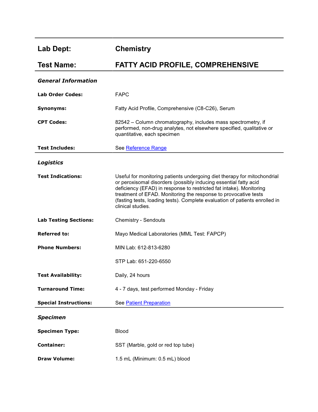 Chemistry Test Name: FATTY ACID PROFILE, COMPREHENSIVE