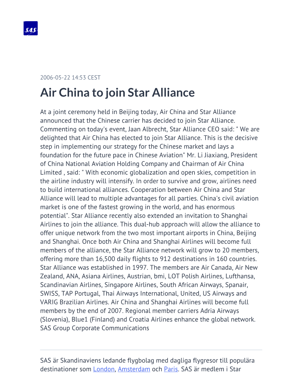 Air China to Join Star Alliance