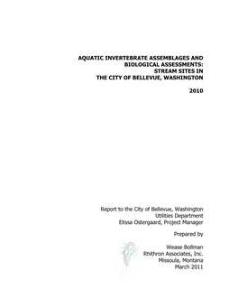 Aquatic Invertebrate Assemblages and Biological Assessments: Stream Sites in the City of Bellevue, Washington
