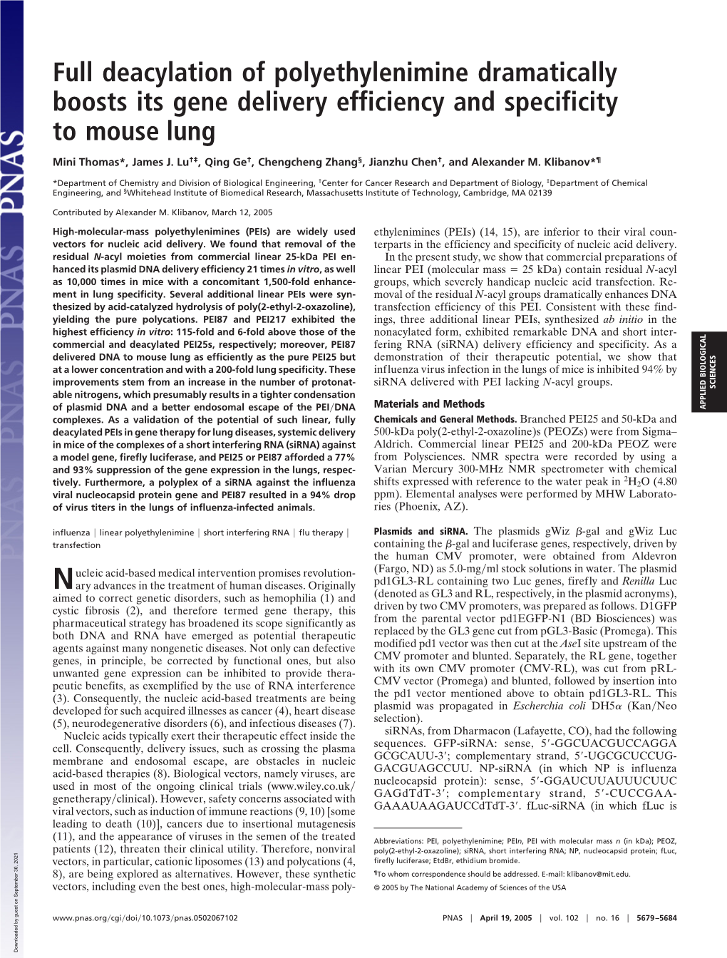 Full Deacylation of Polyethylenimine Dramatically Boosts Its Gene Delivery Efficiency and Specificity to Mouse Lung