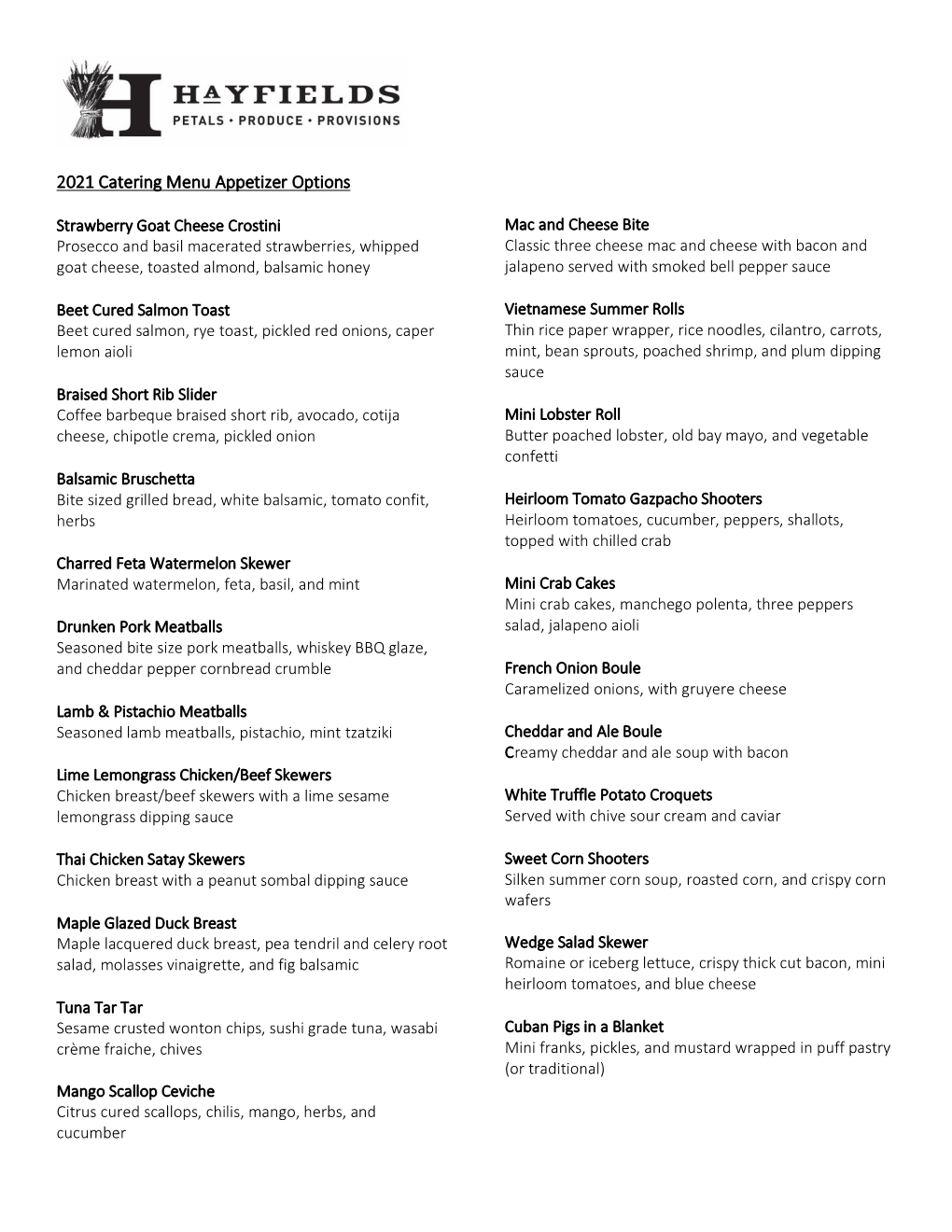 2021 Catering Menu Appetizer Options