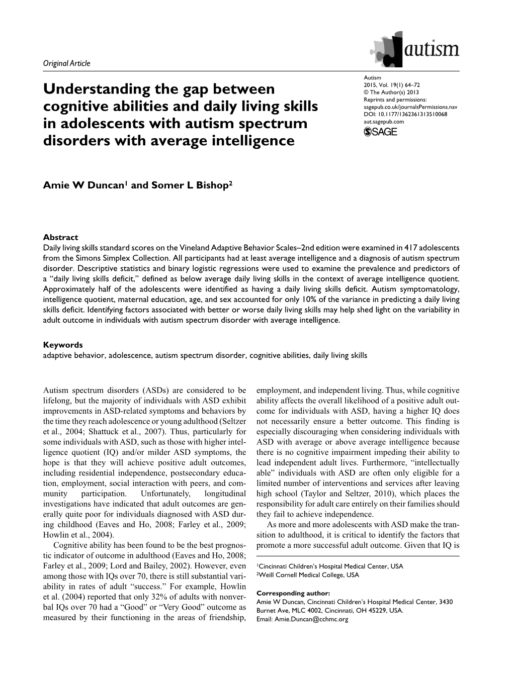 Understanding the Gap Between Cognitive Abilities and Daily Living Skills in Adolescents with Autism Spectrum Disorders with A